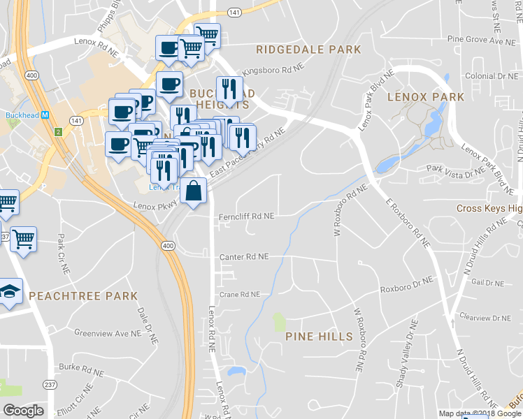 map of restaurants, bars, coffee shops, grocery stores, and more near 998 Ferncliff Road Northeast in Atlanta