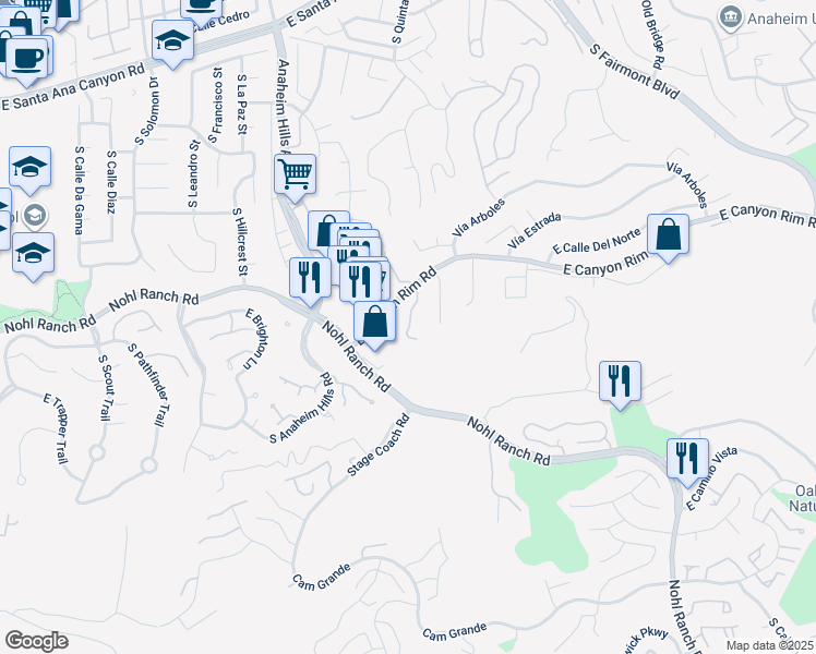 map of restaurants, bars, coffee shops, grocery stores, and more near 515 South Ranch View Circle in Anaheim
