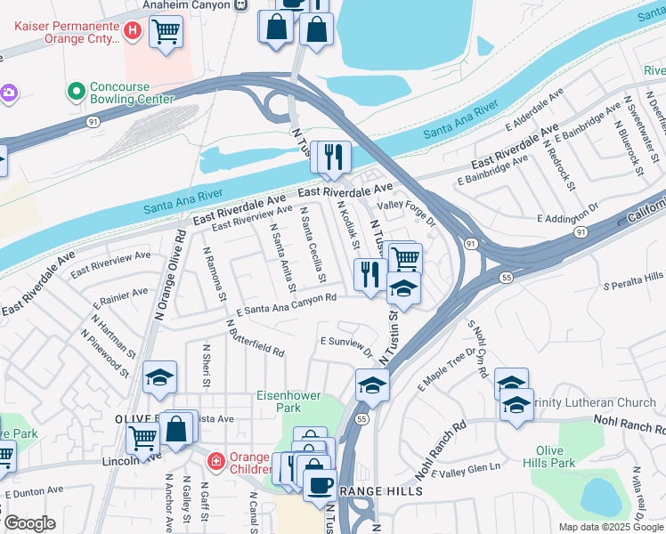 map of restaurants, bars, coffee shops, grocery stores, and more near 4109 North Santa Lucia Street in Orange