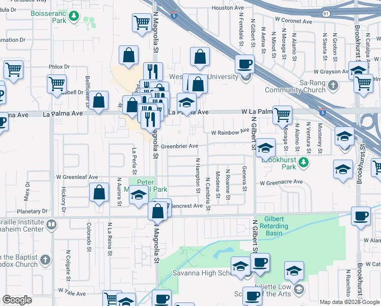 map of restaurants, bars, coffee shops, grocery stores, and more near 1001 North Haron Street in Anaheim