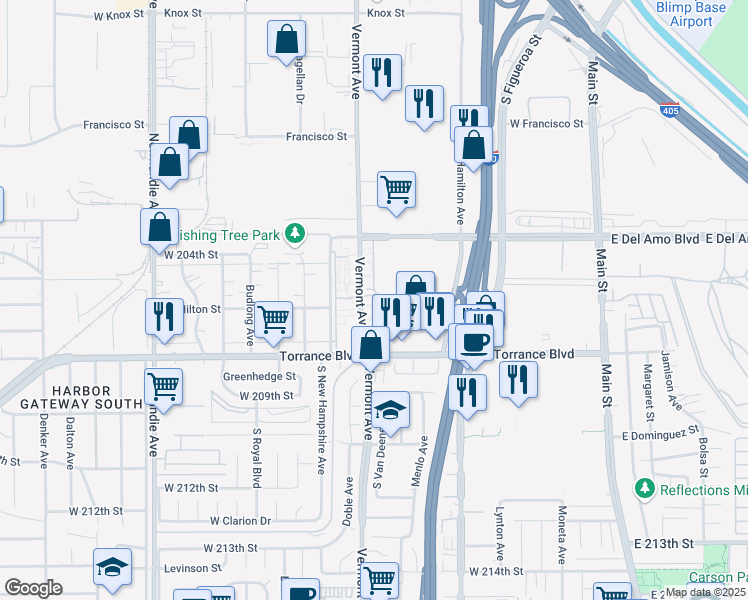 map of restaurants, bars, coffee shops, grocery stores, and more near 20516 Vermont Avenue in Torrance