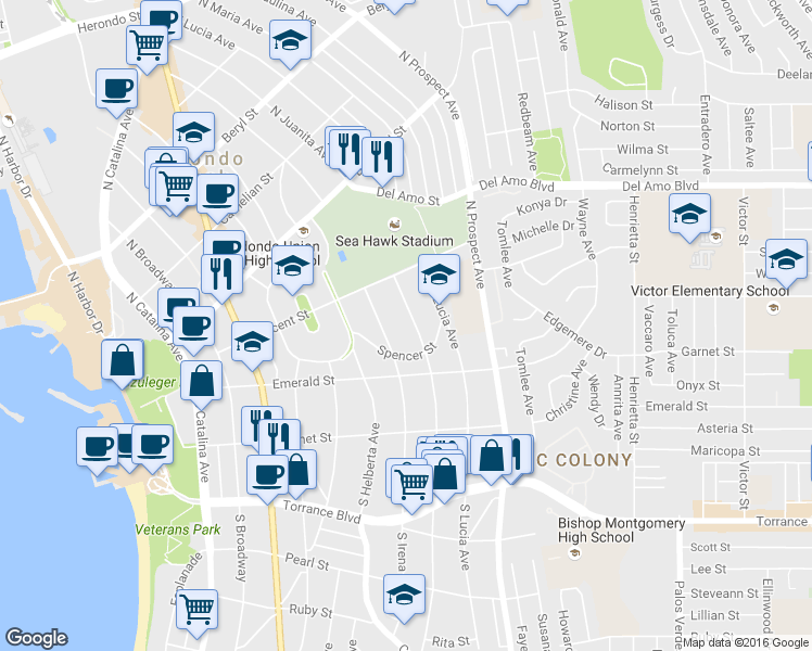 map of restaurants, bars, coffee shops, grocery stores, and more near 224 North Juanita Avenue in Redondo Beach
