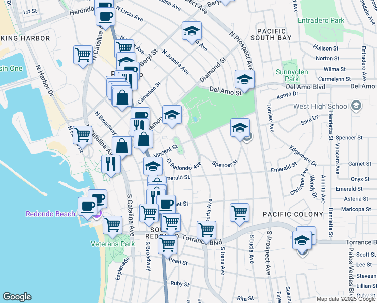 map of restaurants, bars, coffee shops, grocery stores, and more near 502 El Redondo Avenue in Redondo Beach