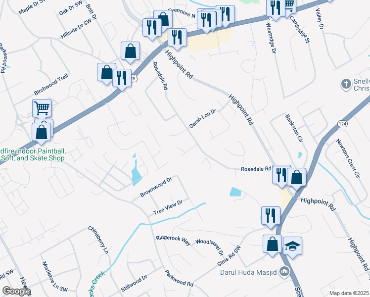 map of restaurants, bars, coffee shops, grocery stores, and more near 2357 Rosedale Road in Snellville