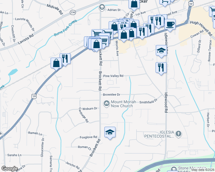 map of restaurants, bars, coffee shops, grocery stores, and more near 4073 Pine Valley Road in Tucker