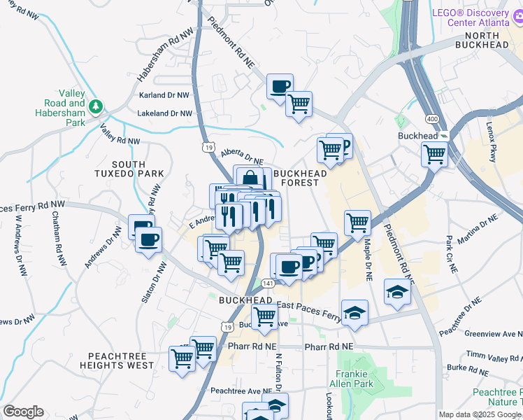 map of restaurants, bars, coffee shops, grocery stores, and more near 3279 Roswell Road Northwest in Atlanta