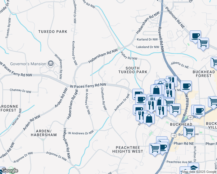 map of restaurants, bars, coffee shops, grocery stores, and more near 195 West Paces Ferry Road Northwest in Atlanta