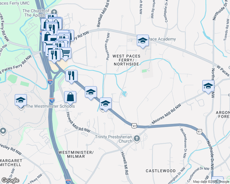 map of restaurants, bars, coffee shops, grocery stores, and more near 3280 Rilman Road Northwest in Atlanta