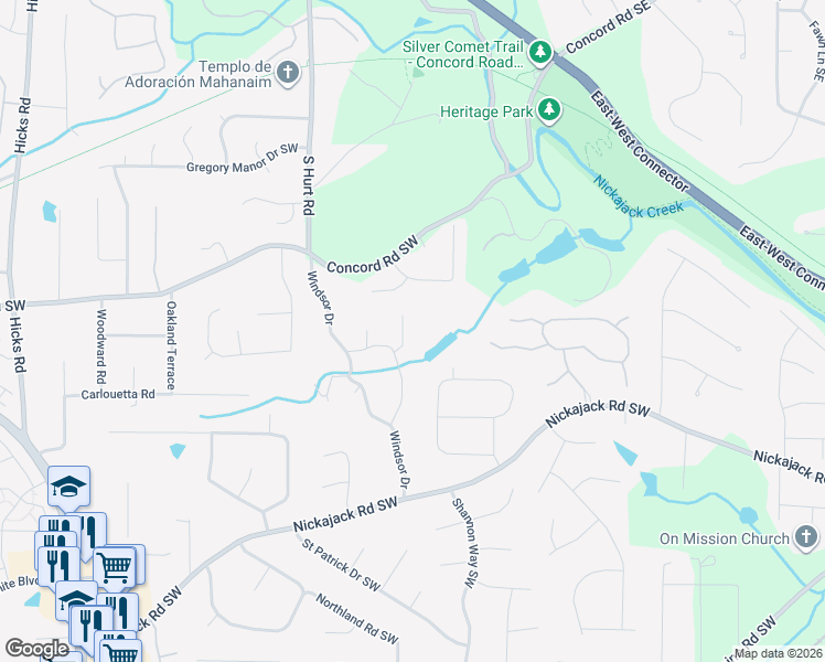 map of restaurants, bars, coffee shops, grocery stores, and more near 4529 Pembroke Drive in Smyrna