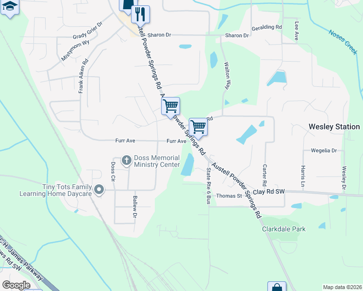 map of restaurants, bars, coffee shops, grocery stores, and more near 3825 Furr Avenue in Powder Springs