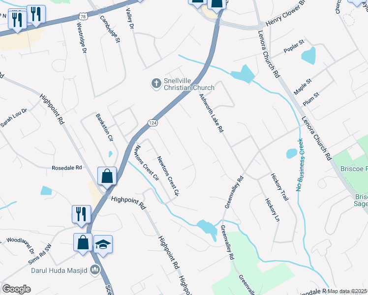 map of restaurants, bars, coffee shops, grocery stores, and more near Pamela Drive Southwest in Snellville