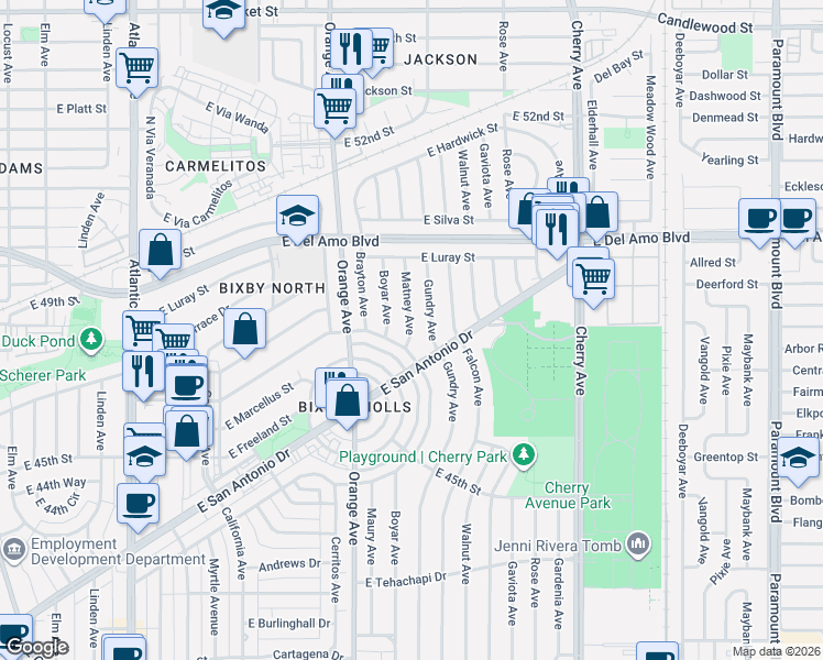 map of restaurants, bars, coffee shops, grocery stores, and more near Matney Avenue in Long Beach