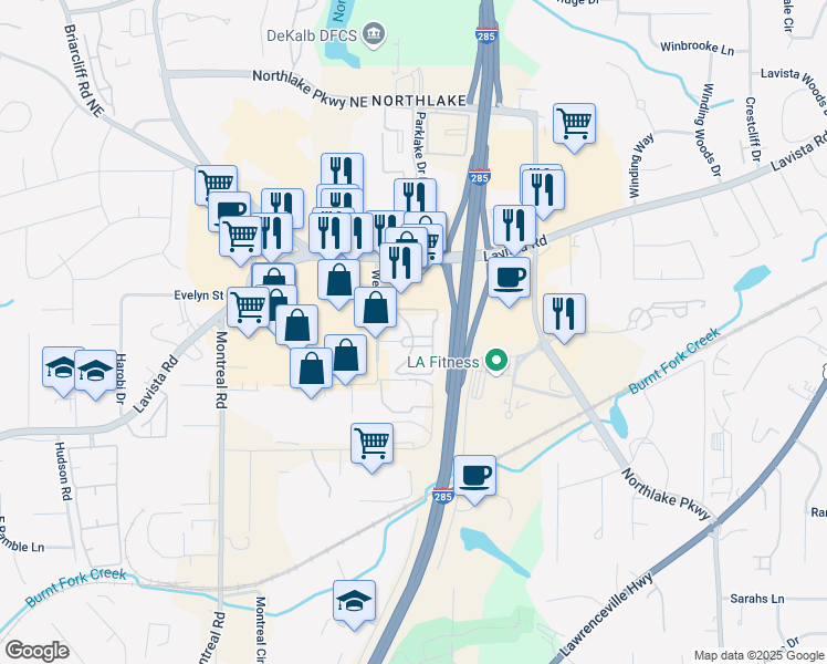 map of restaurants, bars, coffee shops, grocery stores, and more near 2037 Weems Road in Tucker