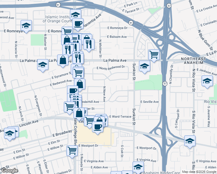 map of restaurants, bars, coffee shops, grocery stores, and more near 329 North London Place in Anaheim