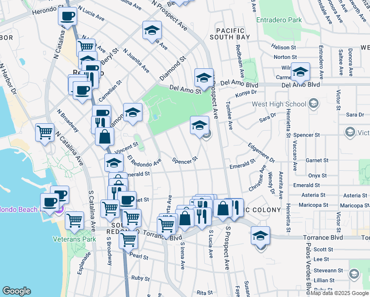 map of restaurants, bars, coffee shops, grocery stores, and more near 217 North Juanita Avenue in Redondo Beach