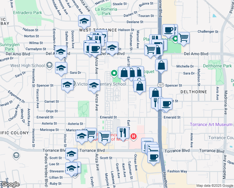 map of restaurants, bars, coffee shops, grocery stores, and more near 4320 Spencer Street in Torrance