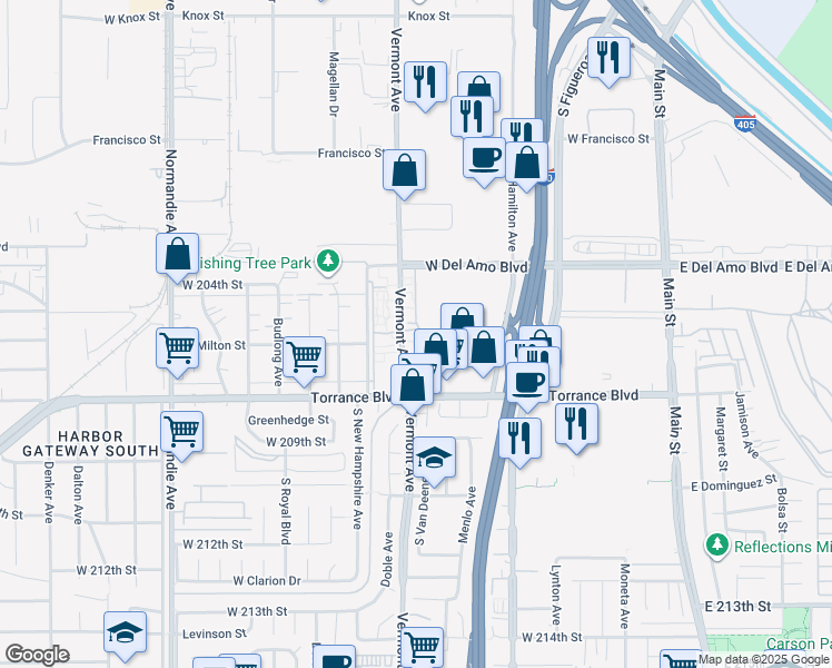 map of restaurants, bars, coffee shops, grocery stores, and more near 2 Vermont Avenue in Torrance