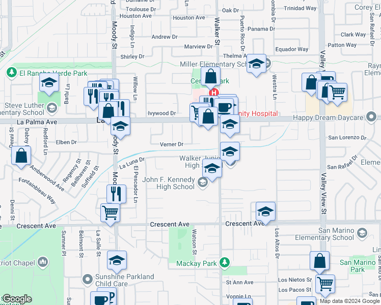 map of restaurants, bars, coffee shops, grocery stores, and more near 5361 La Luna Drive in La Palma