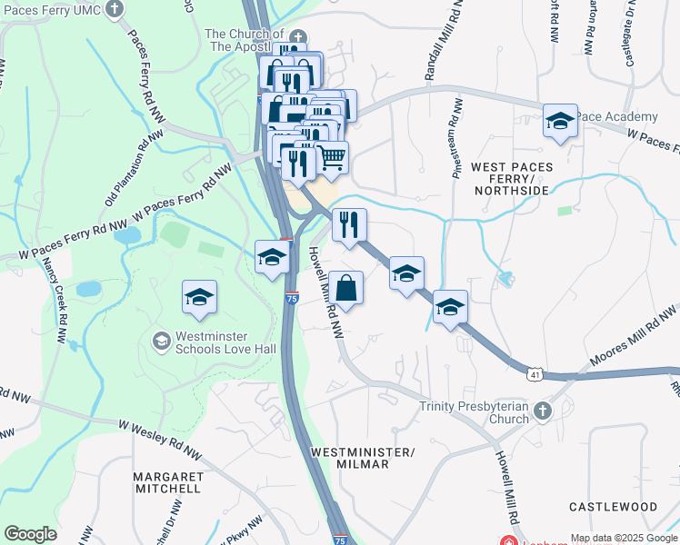 map of restaurants, bars, coffee shops, grocery stores, and more near 3284 Northside Parkway Northwest in Atlanta