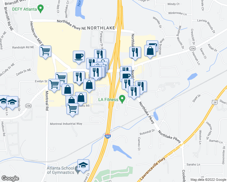 map of restaurants, bars, coffee shops, grocery stores, and more near The Perimeter in Tucker