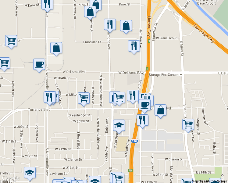map of restaurants, bars, coffee shops, grocery stores, and more near 20516 Vermont Avenue in Torrance