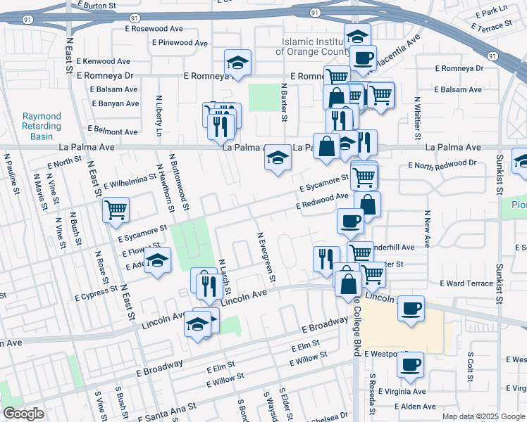 map of restaurants, bars, coffee shops, grocery stores, and more near 1715 East Redwood Avenue in Anaheim