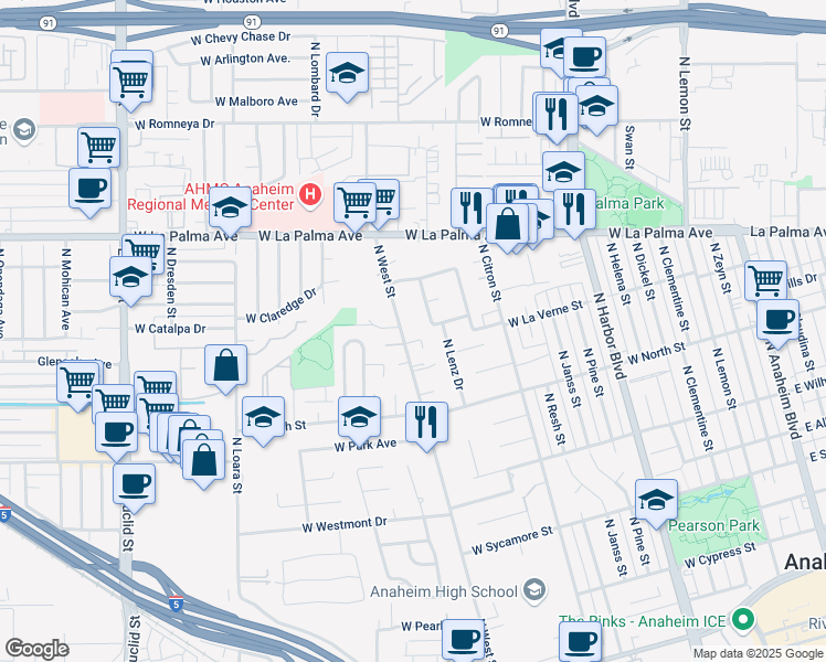map of restaurants, bars, coffee shops, grocery stores, and more near 2 North Western Avenue in Anaheim