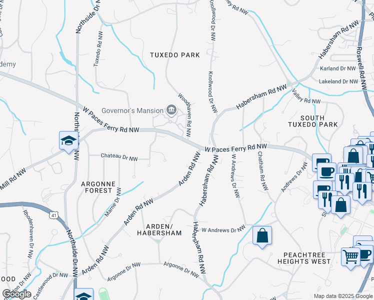 map of restaurants, bars, coffee shops, grocery stores, and more near 400 West Paces Ferry Road Northwest in Atlanta