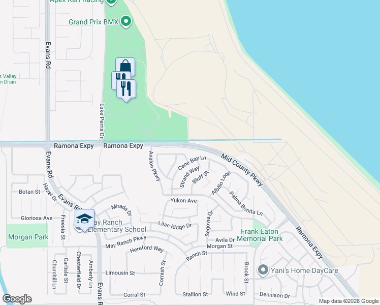 map of restaurants, bars, coffee shops, grocery stores, and more near 1252 Reisling Drive in Perris