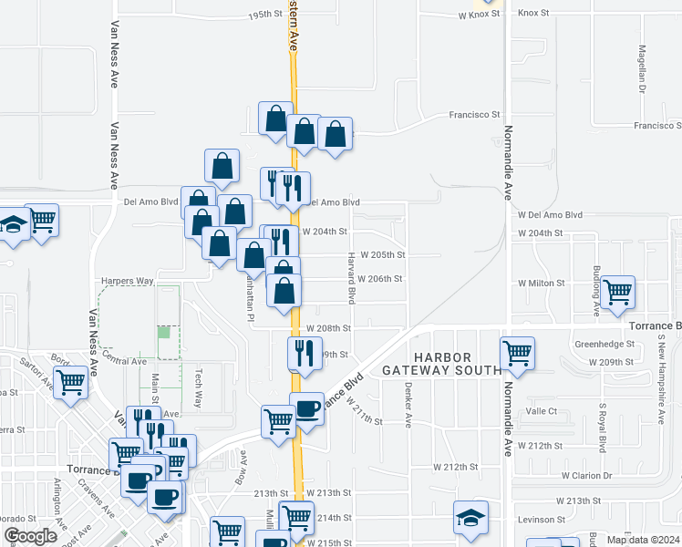 map of restaurants, bars, coffee shops, grocery stores, and more near 1611 West 206th Street in Torrance