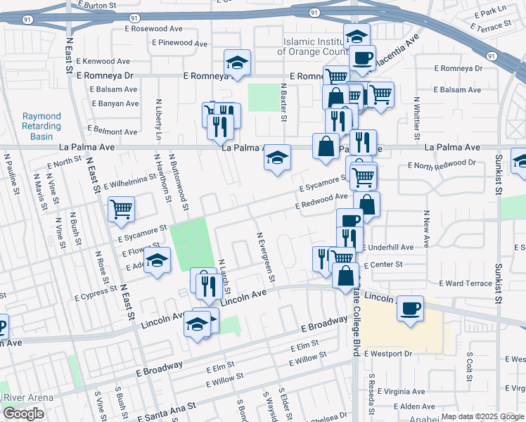 map of restaurants, bars, coffee shops, grocery stores, and more near 1715 East Redwood Avenue in Anaheim