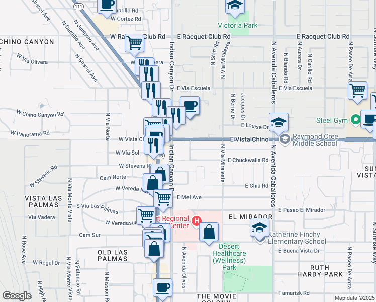 map of restaurants, bars, coffee shops, grocery stores, and more near 1555 North Chaparral Road in Palm Springs
