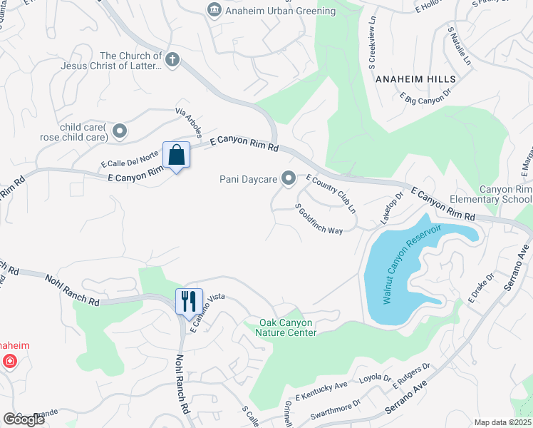 map of restaurants, bars, coffee shops, grocery stores, and more near 7005 East Country Club Lane in Anaheim