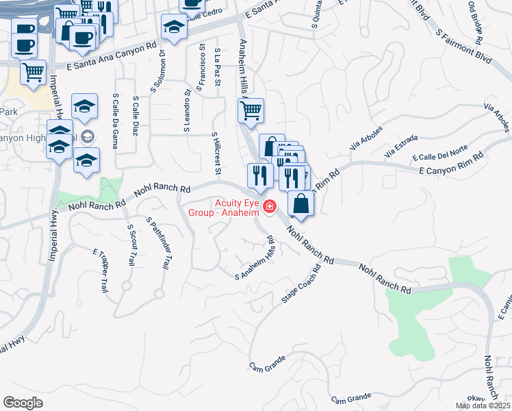 map of restaurants, bars, coffee shops, grocery stores, and more near 509 South Anaheim Hills Road in Anaheim
