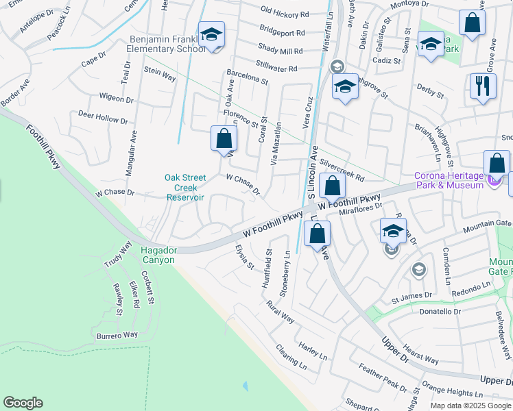 map of restaurants, bars, coffee shops, grocery stores, and more near 1141 Athlone Lane in Corona