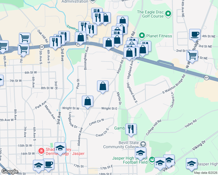 map of restaurants, bars, coffee shops, grocery stores, and more near 611-1209 Airport Road South in Jasper