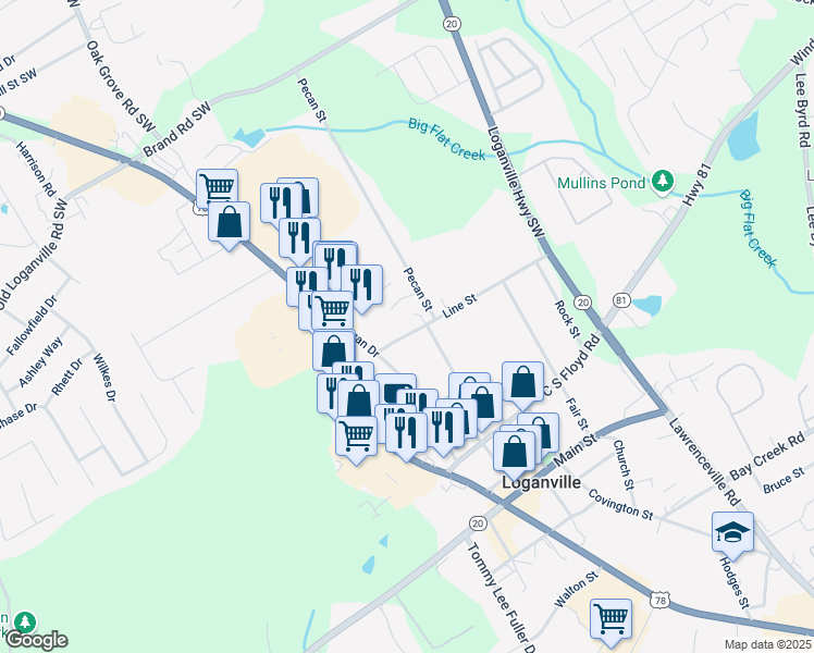 map of restaurants, bars, coffee shops, grocery stores, and more near 180 Line Street in Loganville