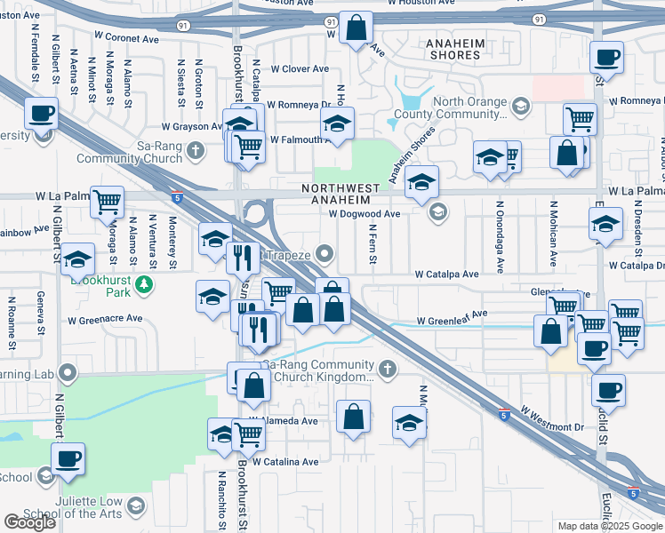 map of restaurants, bars, coffee shops, grocery stores, and more near 905 North Holly Street in Anaheim