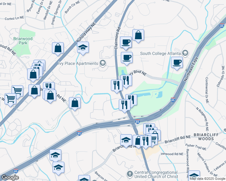 map of restaurants, bars, coffee shops, grocery stores, and more near 2924 Clairmont Road in Atlanta