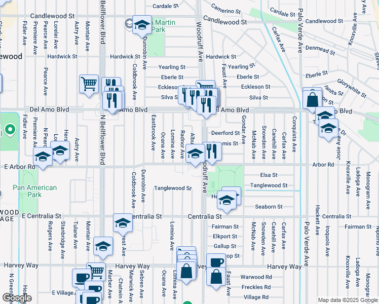 map of restaurants, bars, coffee shops, grocery stores, and more near 4729 Albury Avenue in Lakewood