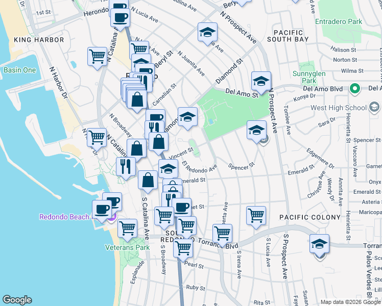 map of restaurants, bars, coffee shops, grocery stores, and more near 620 Vincent Park in Redondo Beach