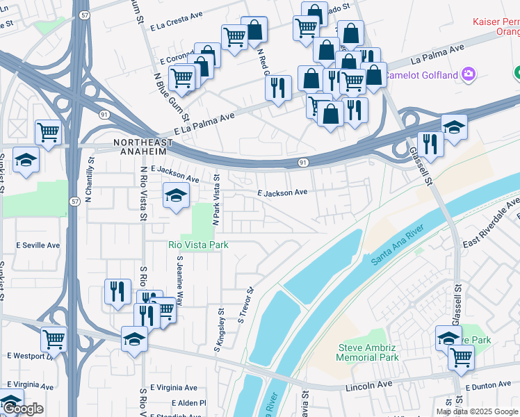 map of restaurants, bars, coffee shops, grocery stores, and more near 320 North Park Vista Street in Anaheim