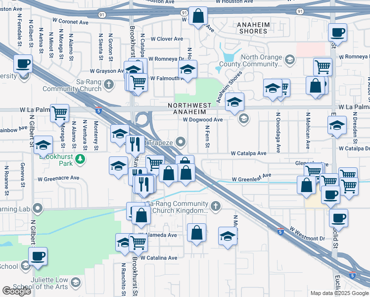 map of restaurants, bars, coffee shops, grocery stores, and more near 905 North Holly Street in Anaheim