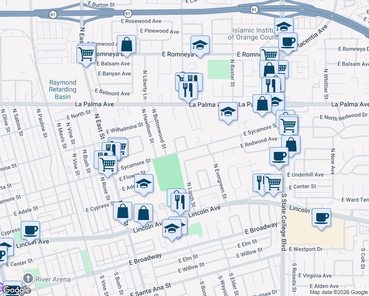 map of restaurants, bars, coffee shops, grocery stores, and more near 579 North Century Drive in Anaheim