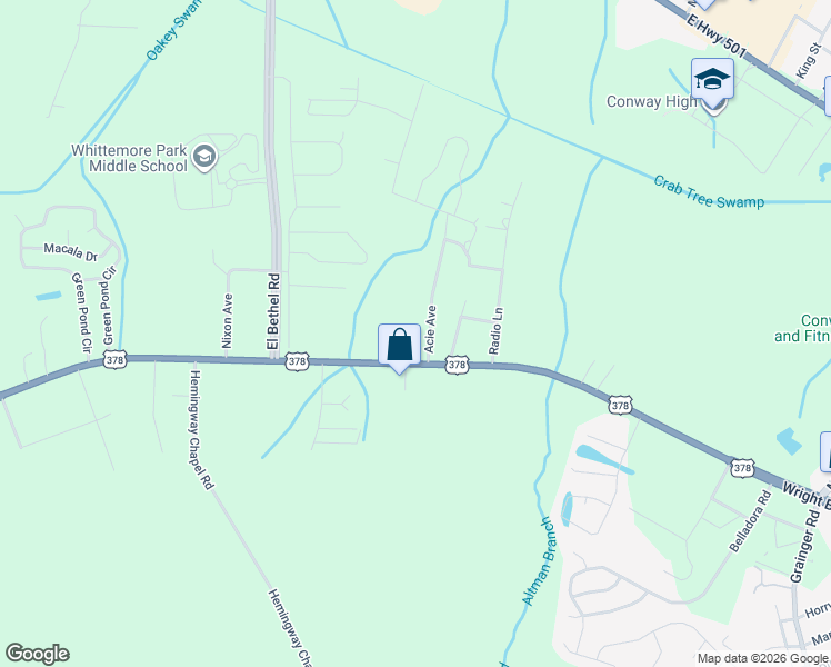 map of restaurants, bars, coffee shops, grocery stores, and more near 2300 Acie Avenue in Conway