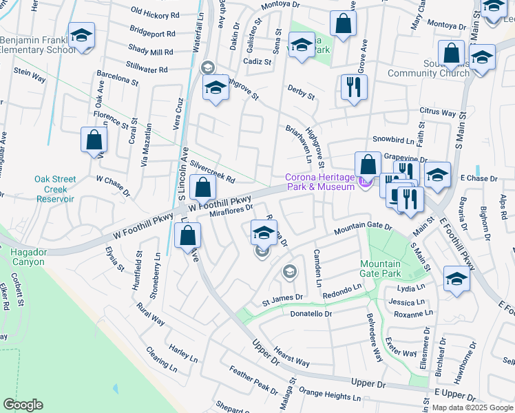 map of restaurants, bars, coffee shops, grocery stores, and more near 931 Miraflores Drive in Corona