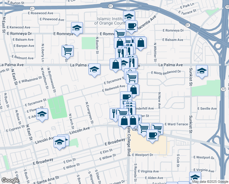 map of restaurants, bars, coffee shops, grocery stores, and more near 1902 East Redwood Avenue in Anaheim