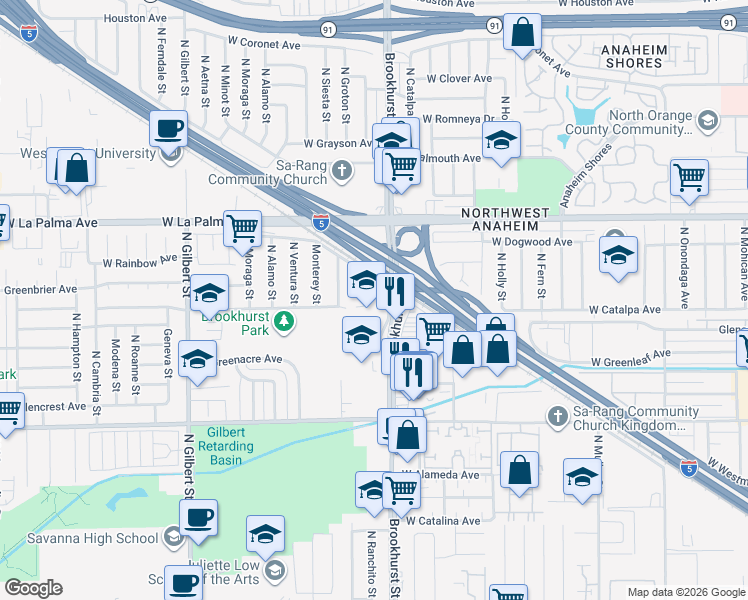 map of restaurants, bars, coffee shops, grocery stores, and more near 2200 West Sequoia Avenue in Anaheim