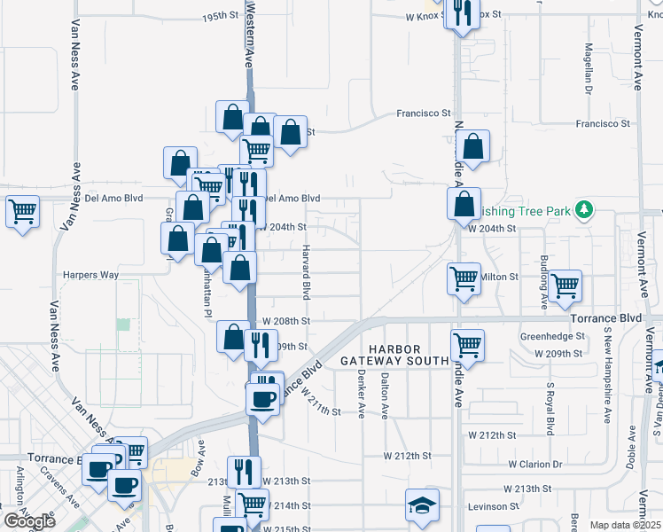 map of restaurants, bars, coffee shops, grocery stores, and more near 1528 West 205th Street in Torrance