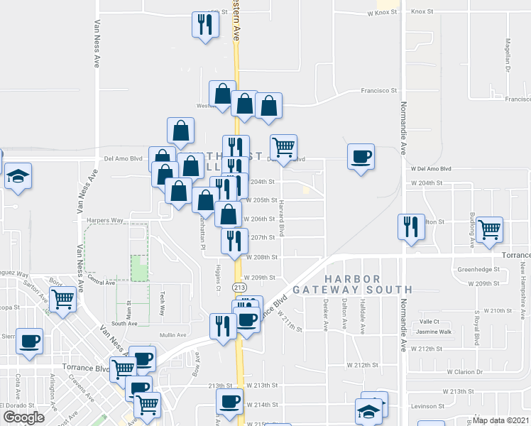 map of restaurants, bars, coffee shops, grocery stores, and more near 1636 West 205th Street in Torrance